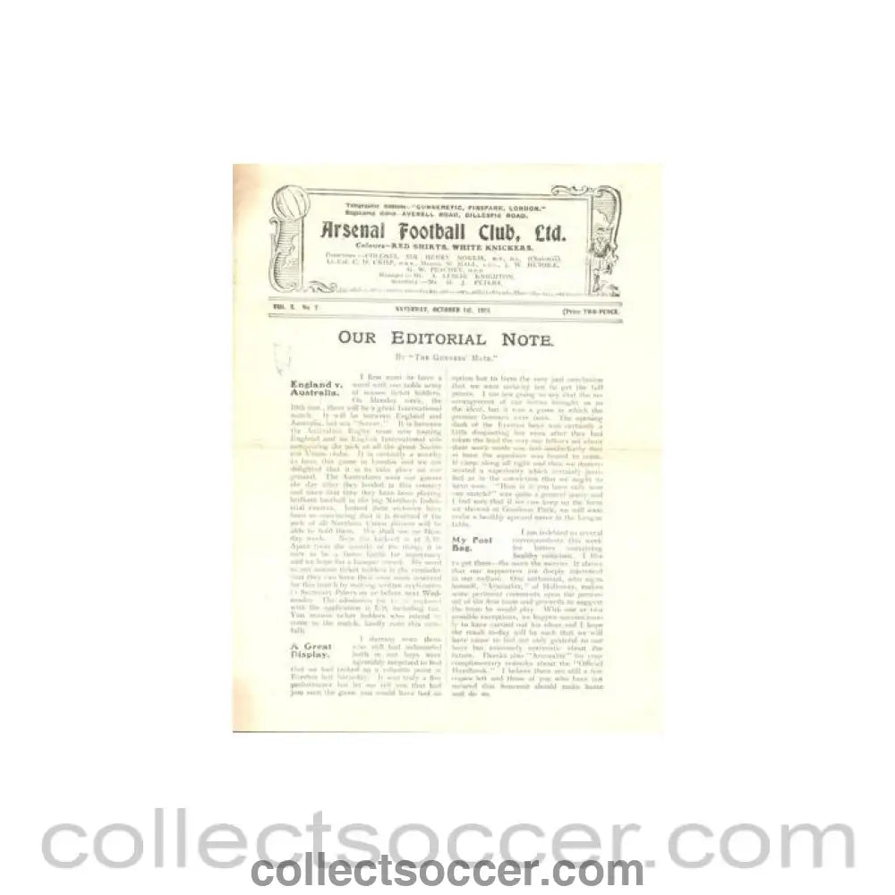 1921 - Arsenal v Everton official programme 01/10/1921 - Collect Soccer