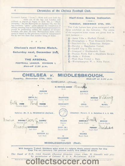 1921 Chelsea v Middlesbrough Programme