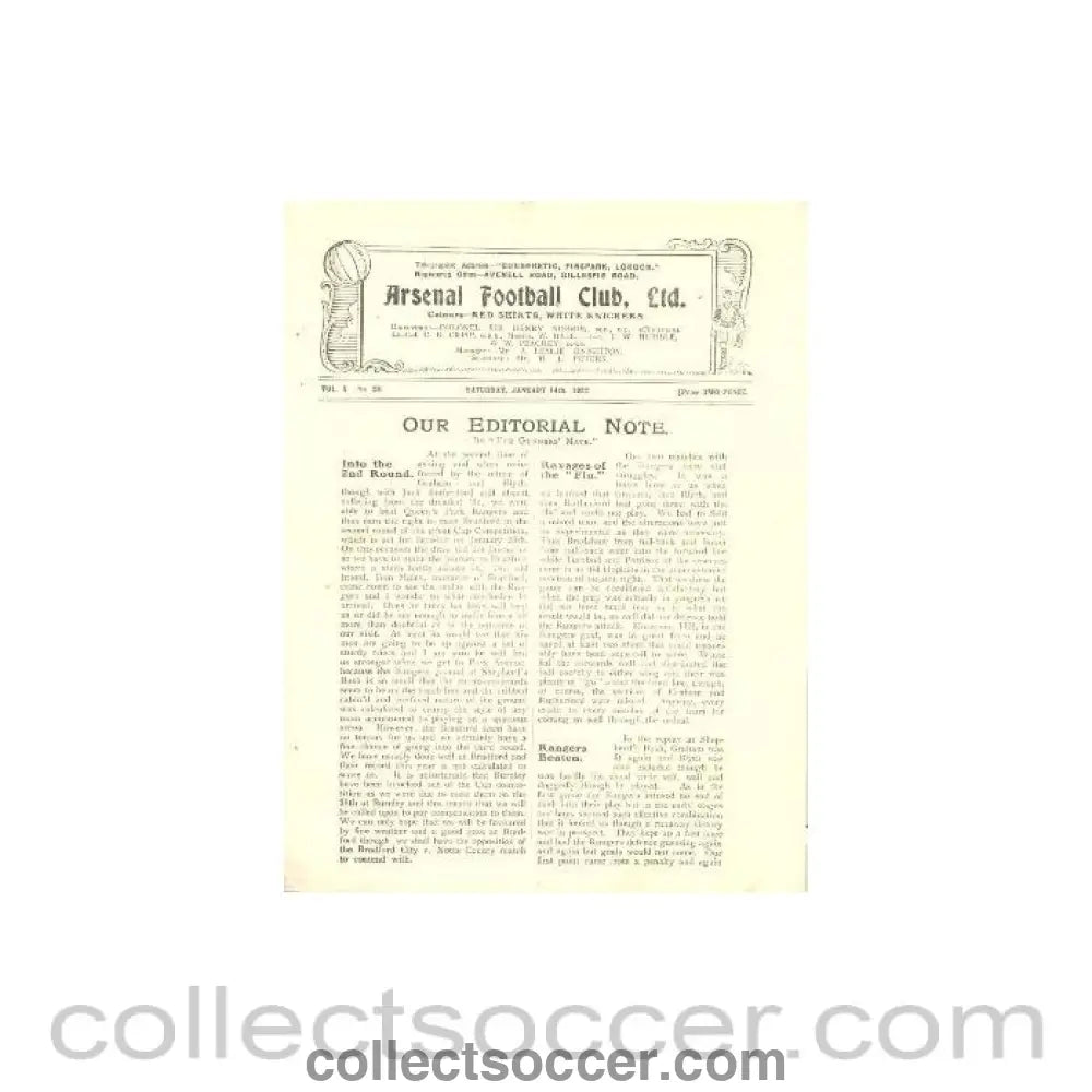1922 - Arsenal v Chelsea official programme 14/01/1922 - Collect Soccer