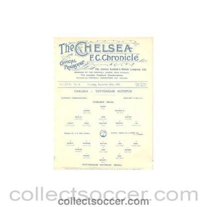 1922 - Chelsea v Tottenham Hotspur official programme 28/09/1922