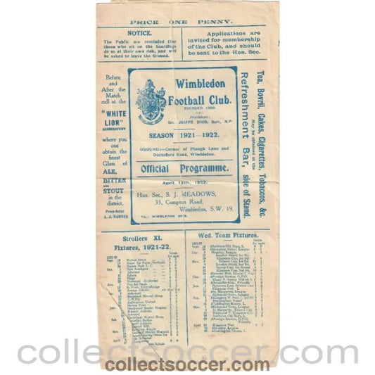 1922 - Wimbledon v South Bank 13/4/1922 Rare Friendly programme - Collect Soccer