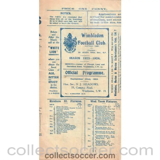 1923 - VERY RARE (some paper loss) - Wimbledon v Northampton Nomads First team Friendly 22/9/1923 - Collect Soccer