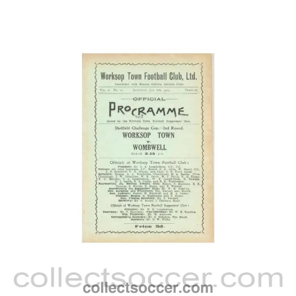 1923 - Worksop Town v Wombwell official programme 06/01/1923 - Collect Soccer