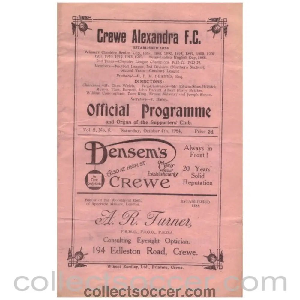1924 Crewe Alexandra v Doncaster Rovers Football Programme - Collect Soccer