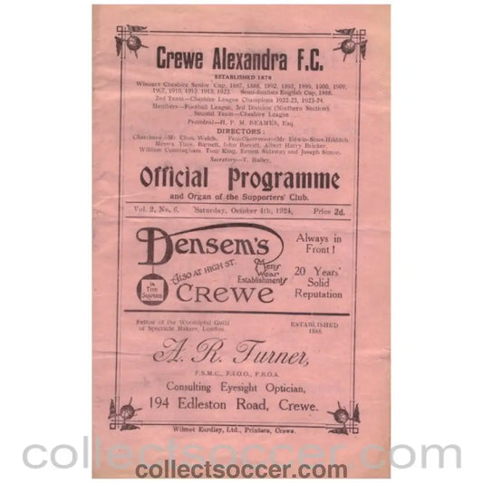 1924 Crewe Alexandra v Doncaster Rovers Football Programme - Collect Soccer