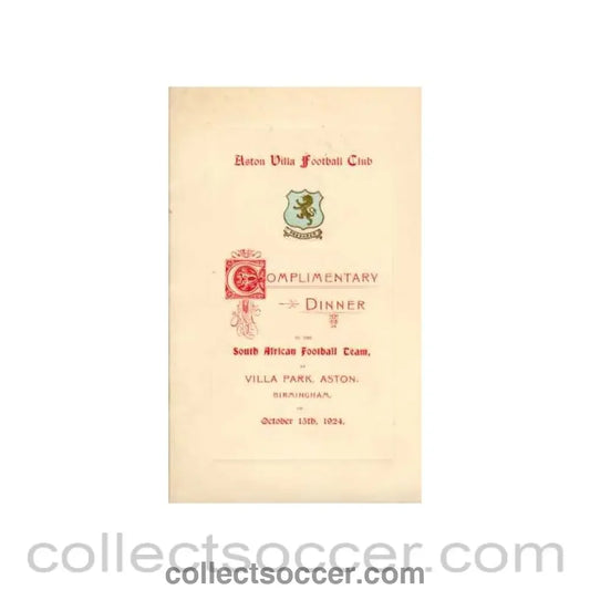 1924 Menu Aston Villa Dinner in Honour of the South Africans