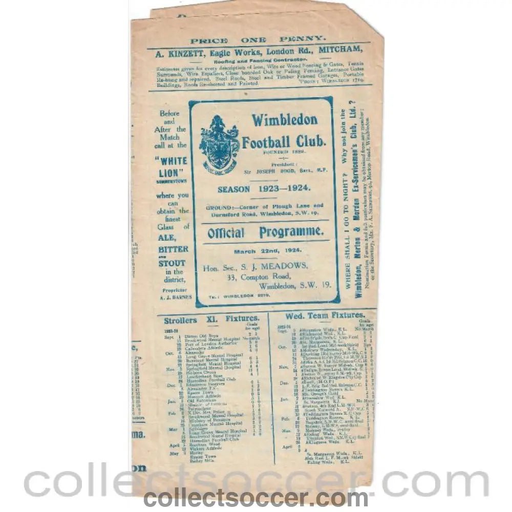1924 - Wimbledon V Civil Service Official Programme 22/3/1924 - Collect Soccer