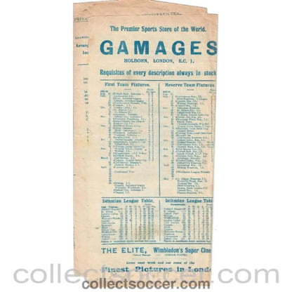 1924 - Wimbledon V Civil Service Official Programme 22/3/1924 - Collect Soccer