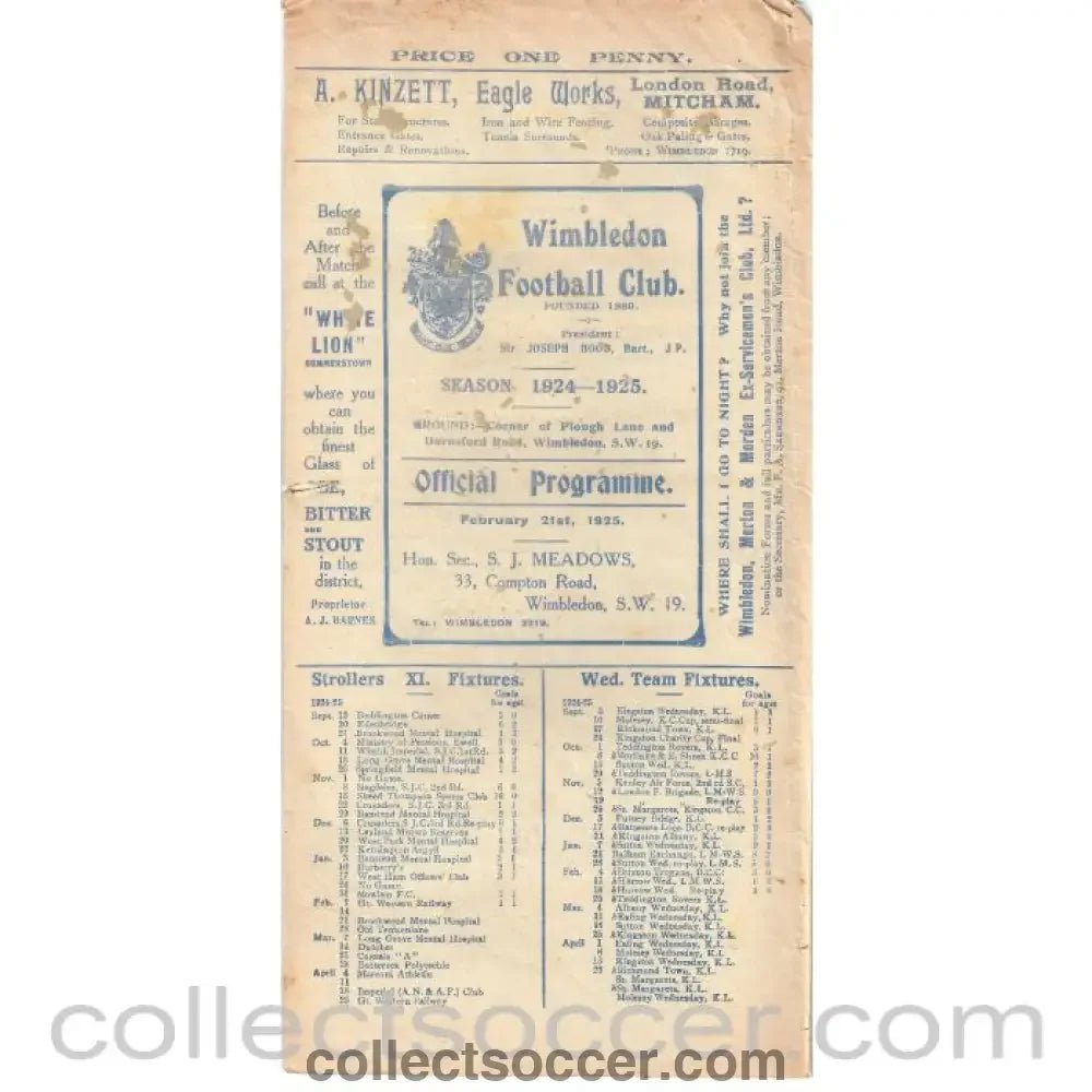 1925 - Wimbledon v Redhill SCC 21/2/1925 official programme - Collect Soccer