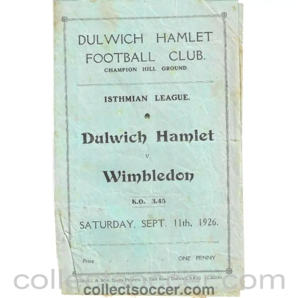 1926 - Dulwich Hamlet v Wimbledon Official Programme 11/9/1926 - Collect Soccer