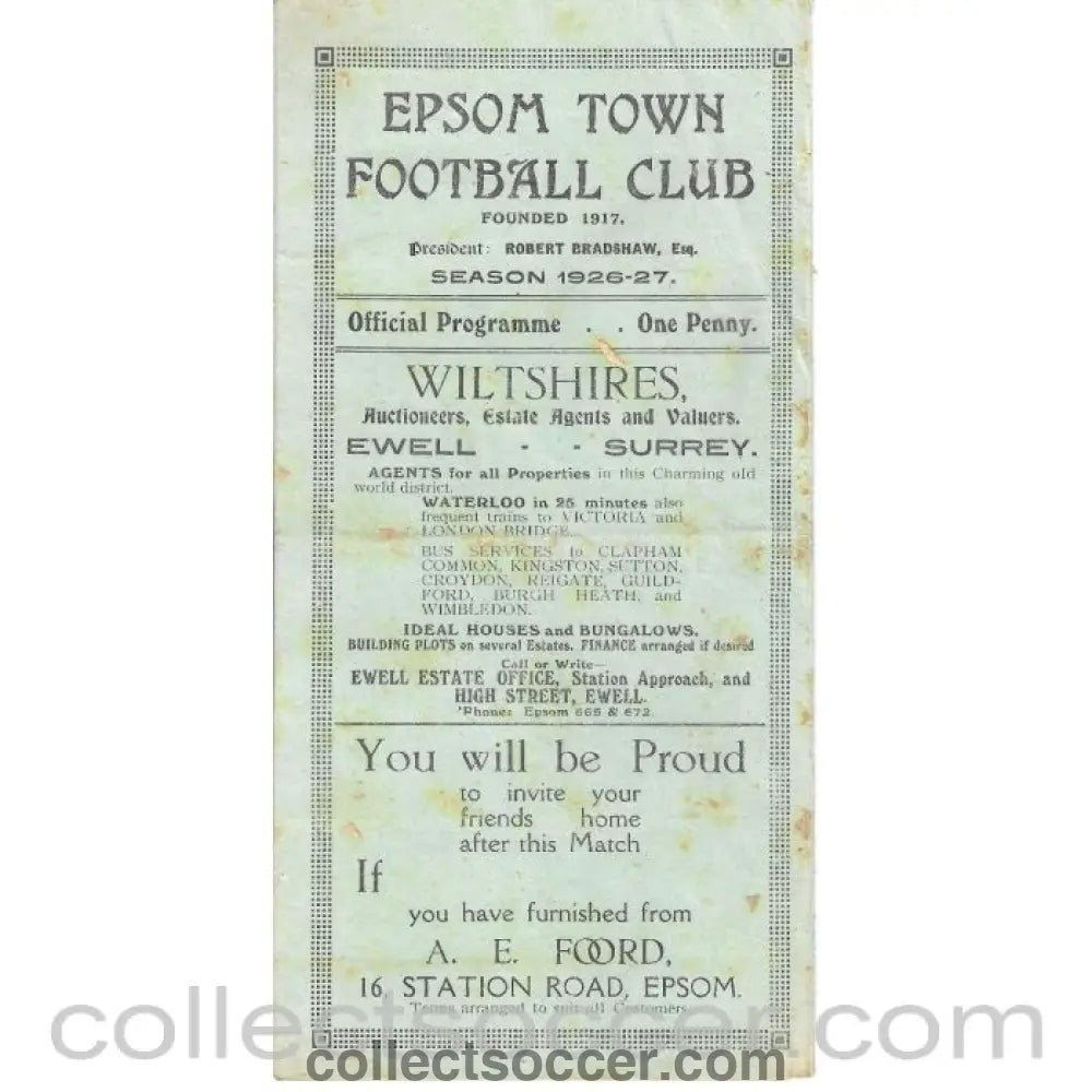 1926 - Epsom v Wimbledon 4/12/26 FA Amateur Cup Official Programme - Collect Soccer