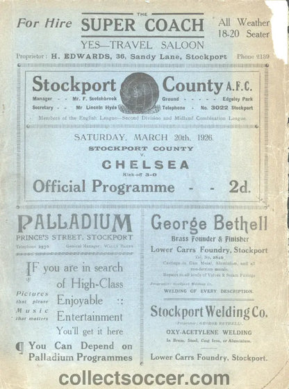1926 Stockport County v Chelsea Very Rare Football Programme - Last League Meeting 20/3/1926