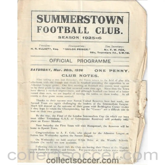 1926 - Summerstown v Southall 20/3/1926 Official Programme - Collect Soccer