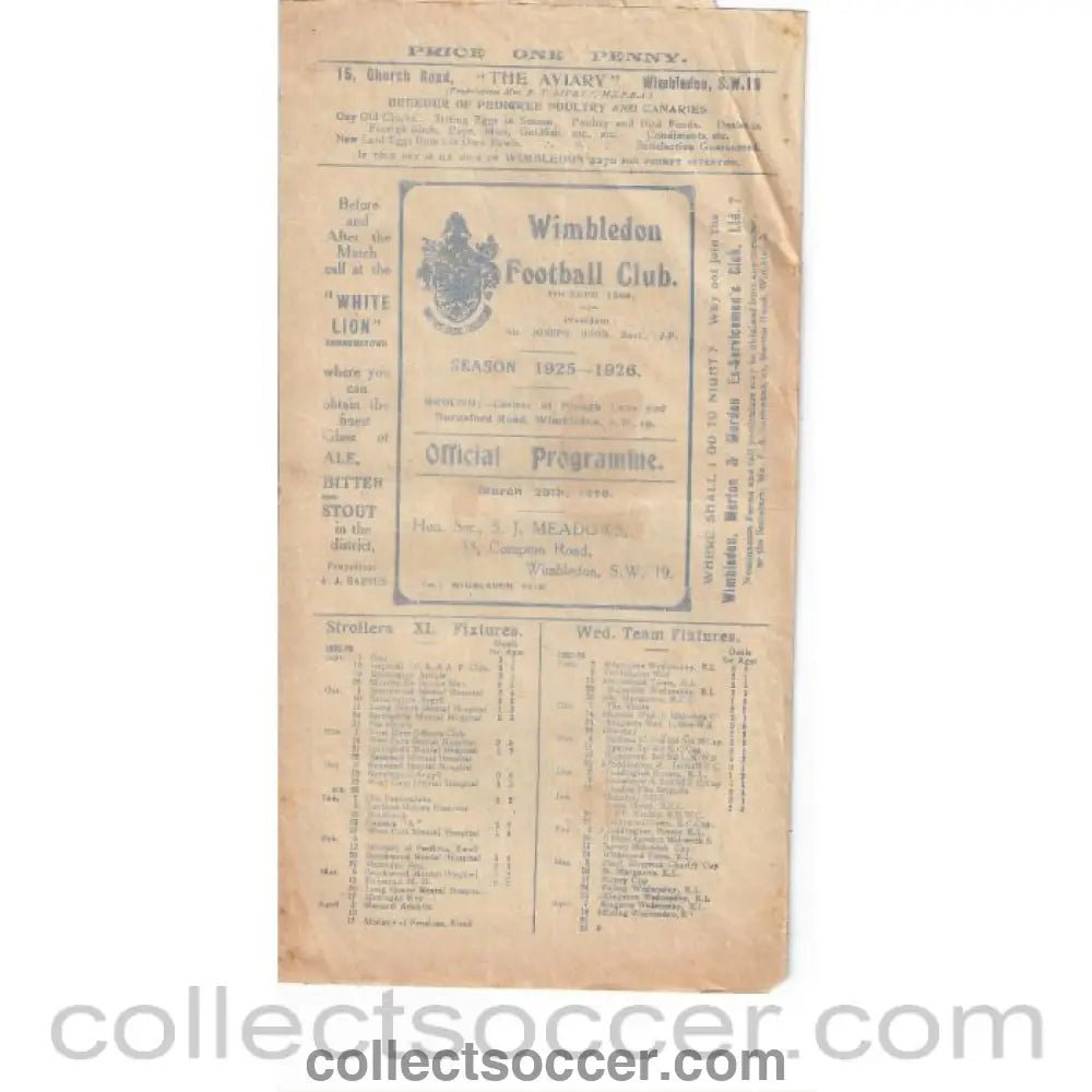 1926 - Wimbledon v Ilford 20/3/1926 Official Football Programme - Collect Soccer