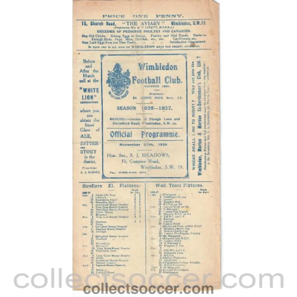 1926 - Wimbledon v Oxford City 27/11/1926 Official Programme - Collect Soccer