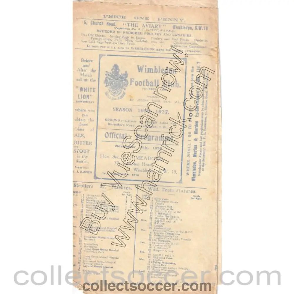 1926 - Wimbledon v Redhill SSCS 6/11/1926 Official Programme - Collect Soccer