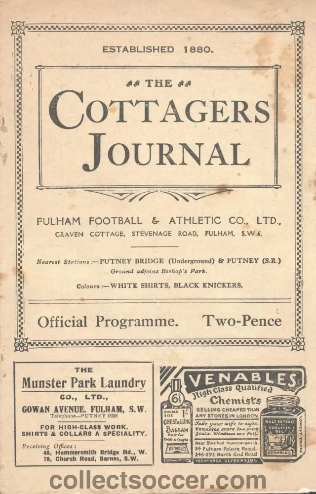 1927 Fulham v Chelsea Official Programme 10/9/1927
