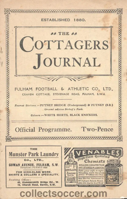 1927 Fulham v Chelsea Official Programme 10/9/1927