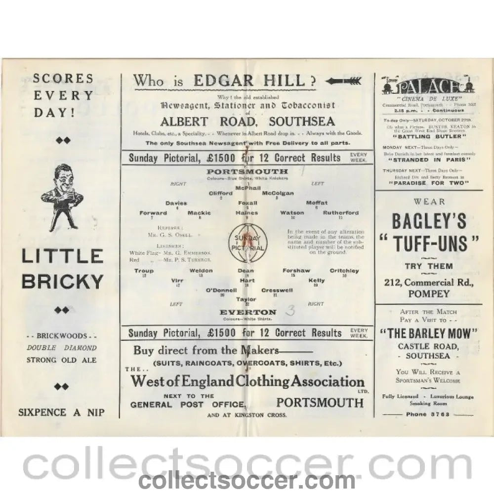 1927 - Portsmouth v Everton 29/9/1927 Football Programme - Collect Soccer
