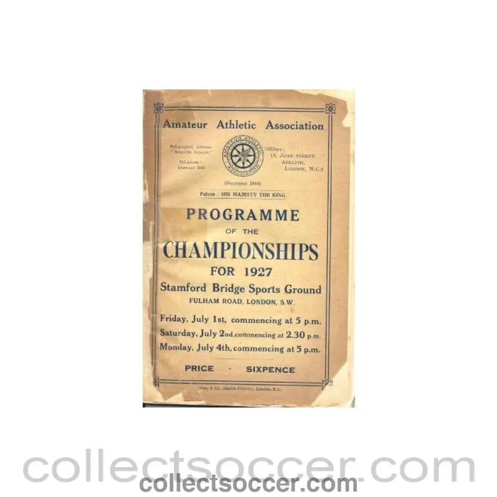 1927 - Programme of Championships for 1927 Stamford Bridge Sports Grounds