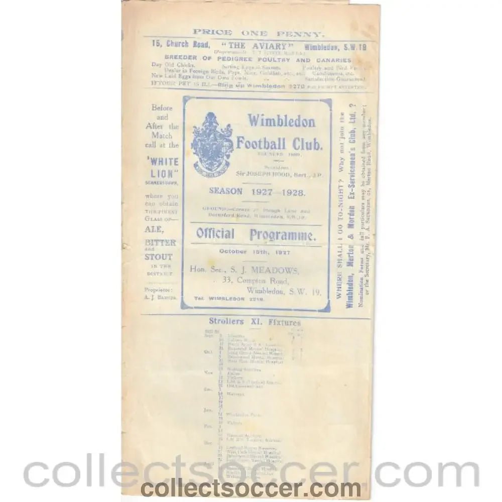 1927 - Wimbledon v Carshalton Athletic FA Cup 15/10/1027 Official Programme - Collect Soccer