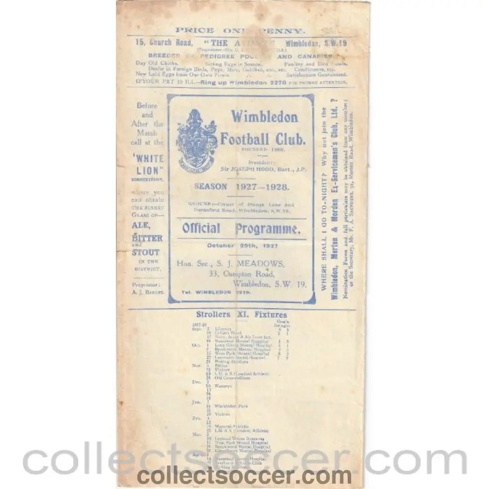 1927 - Wimbledon v Epsom Town FA Cup 3rd Qual Round 29/10/1927 Official Programme - Collect Soccer
