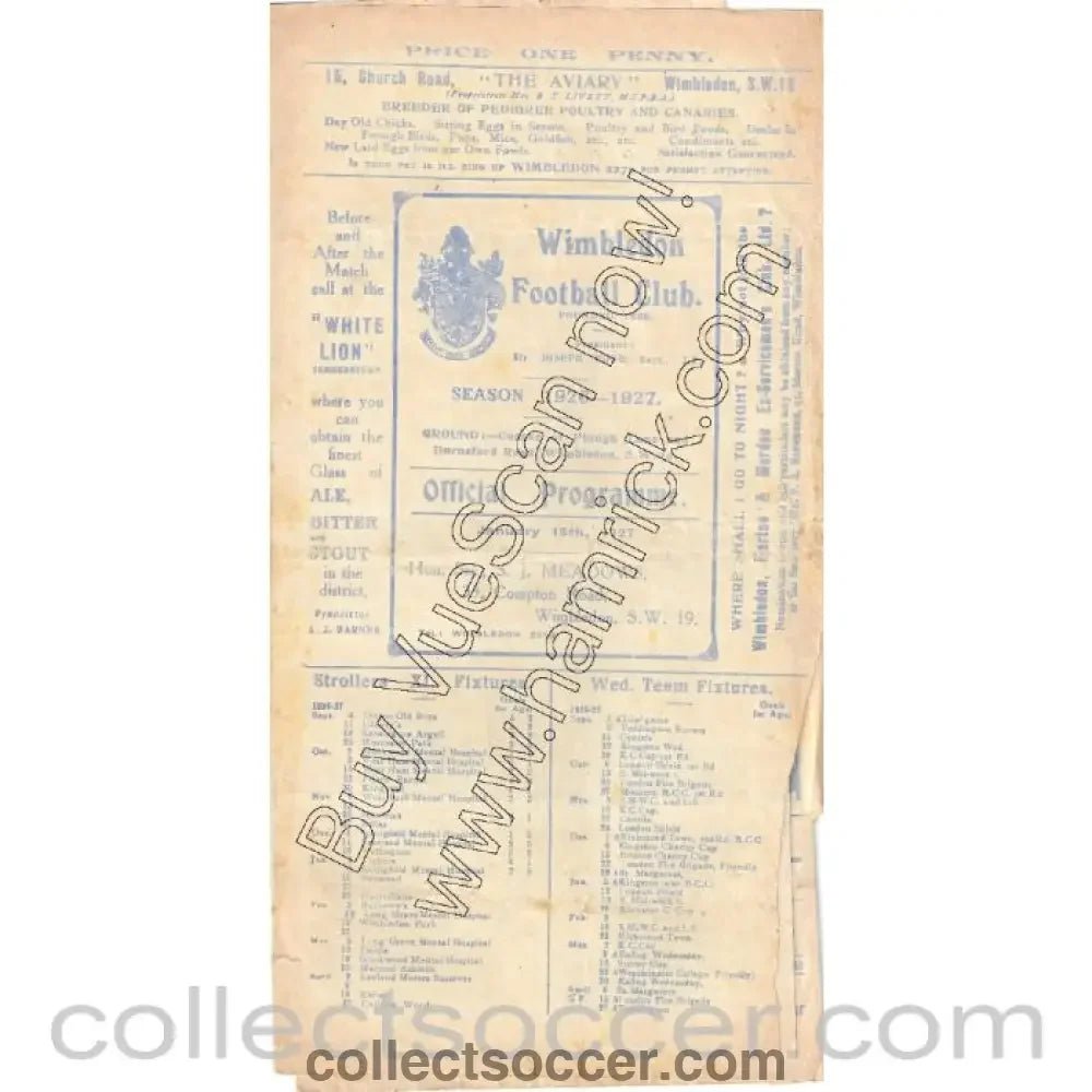1927 - Wimbledon v Kingstonian 15/1/1927 (torn) Official Programme - Collect Soccer