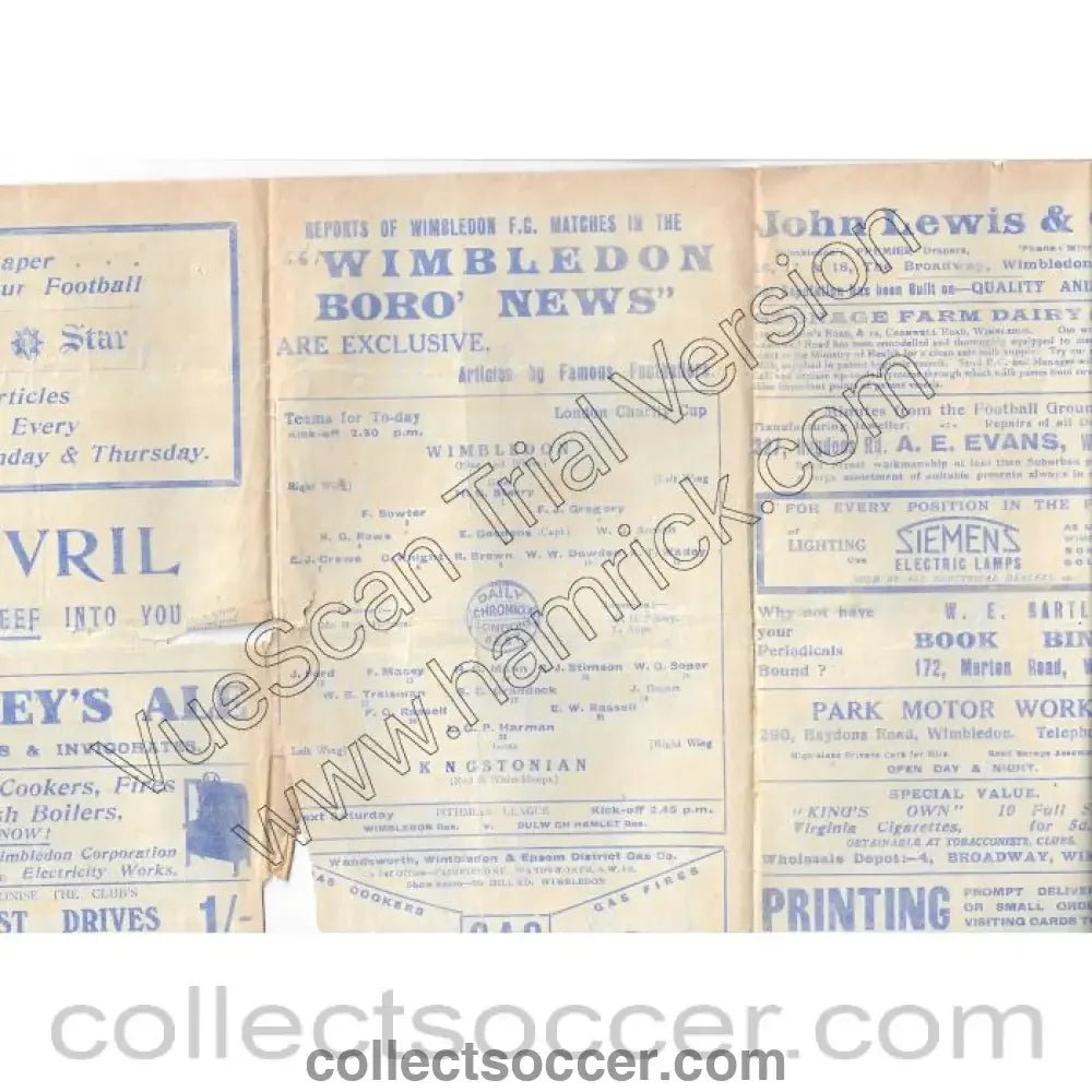 1927 - Wimbledon v Kingstonian 15/1/1927 (torn) Official Programme - Collect Soccer