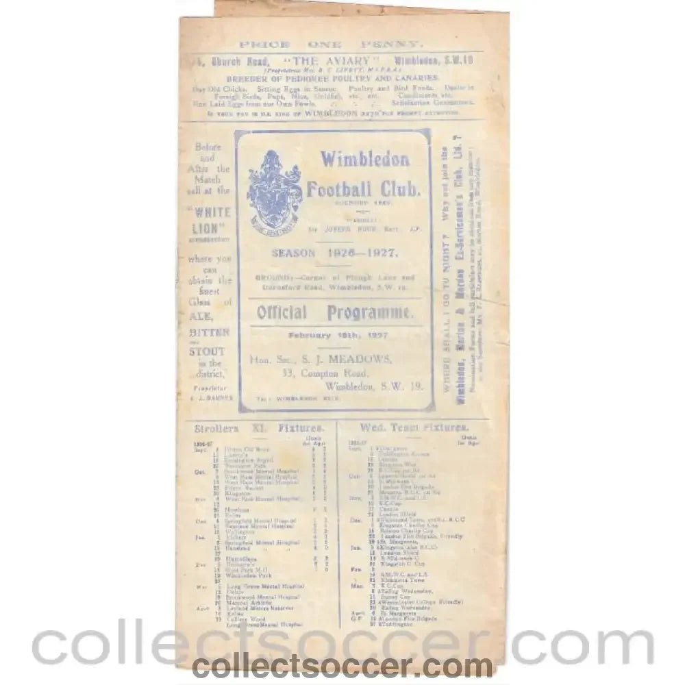 1927 - Wimbledon v Leytonstone Official Programme 19/02/1927 - Collect Soccer