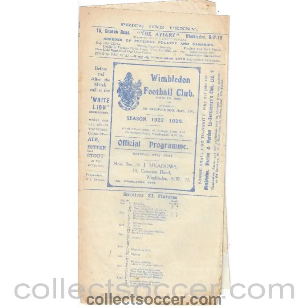 1927 - Wimbledon v Tufnell Park 8/10/1927 Official Programme - Collect Soccer