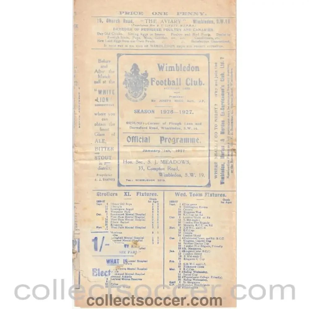 1927 - Wimledon v Ilford 1/1/1927 Official Programme - Collect Soccer