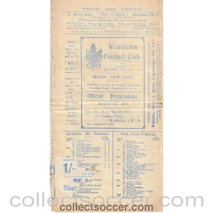1927 - Wimledon v Ilford 1/1/1927 Official Programme - Collect Soccer