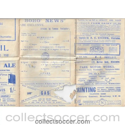 1927 - Wimledon v Ilford 1/1/1927 Official Programme - Collect Soccer