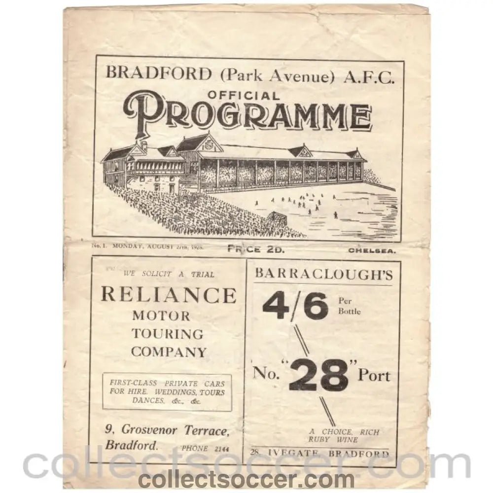 1928 - Bradford Park Avenue v Chelsea Official Programme 27/08/1928 - Collect Soccer