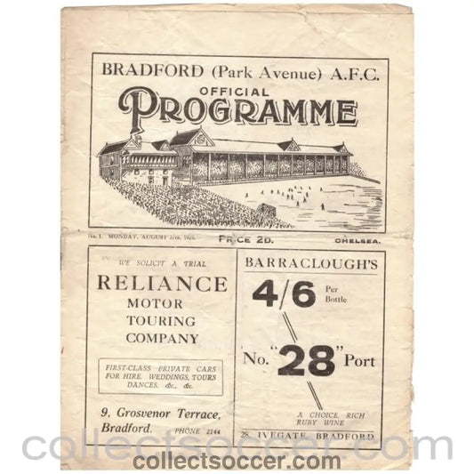 1928 - Bradford Park Avenue v Chelsea Official Programme 27/08/1928 - Collect Soccer