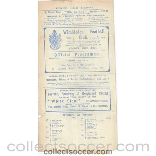 1928 - Wimbledon FC - Possibles v Probables Trial Match Programme 18/9/1928 - Rare - Collect Soccer