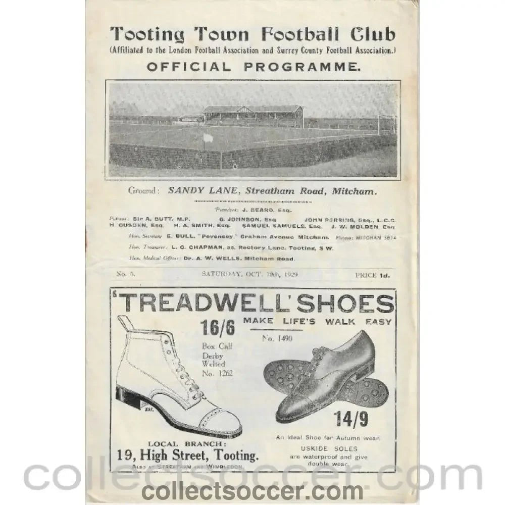 1929 - Tooting Town v Wimbledon 19/10/1929 Cup match Official Programme - Collect Soccer
