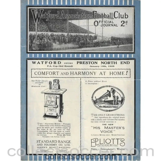 1929 - Watford v Preston North End FA Cup 3rd Round Official Programme - Collect Soccer