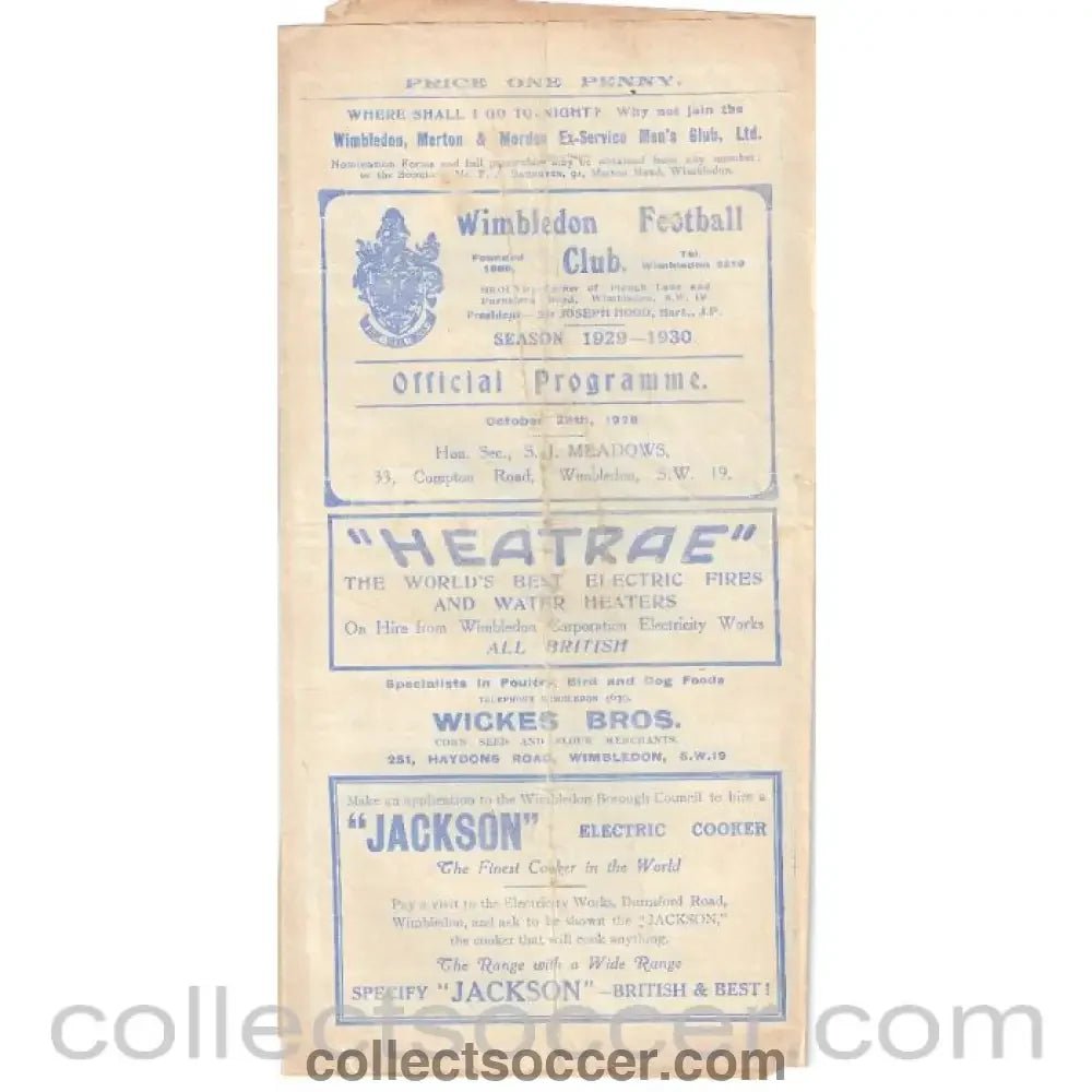 1929 - Wimbledon v Dulwich Hamlet 26/10/1929 Official Programme - Collect Soccer