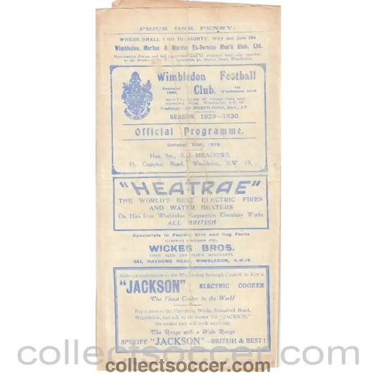 1929 - Wimbledon v Dulwich Hamlet 26/10/1929 Official Programme - Collect Soccer