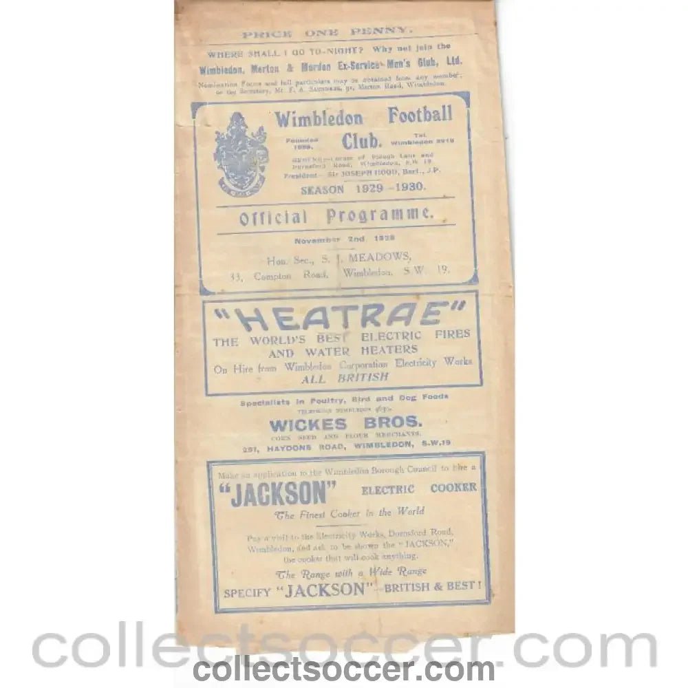 1929 - Wimbledon v Epsom Town FA Cup 2/11/1929 - Collect Soccer