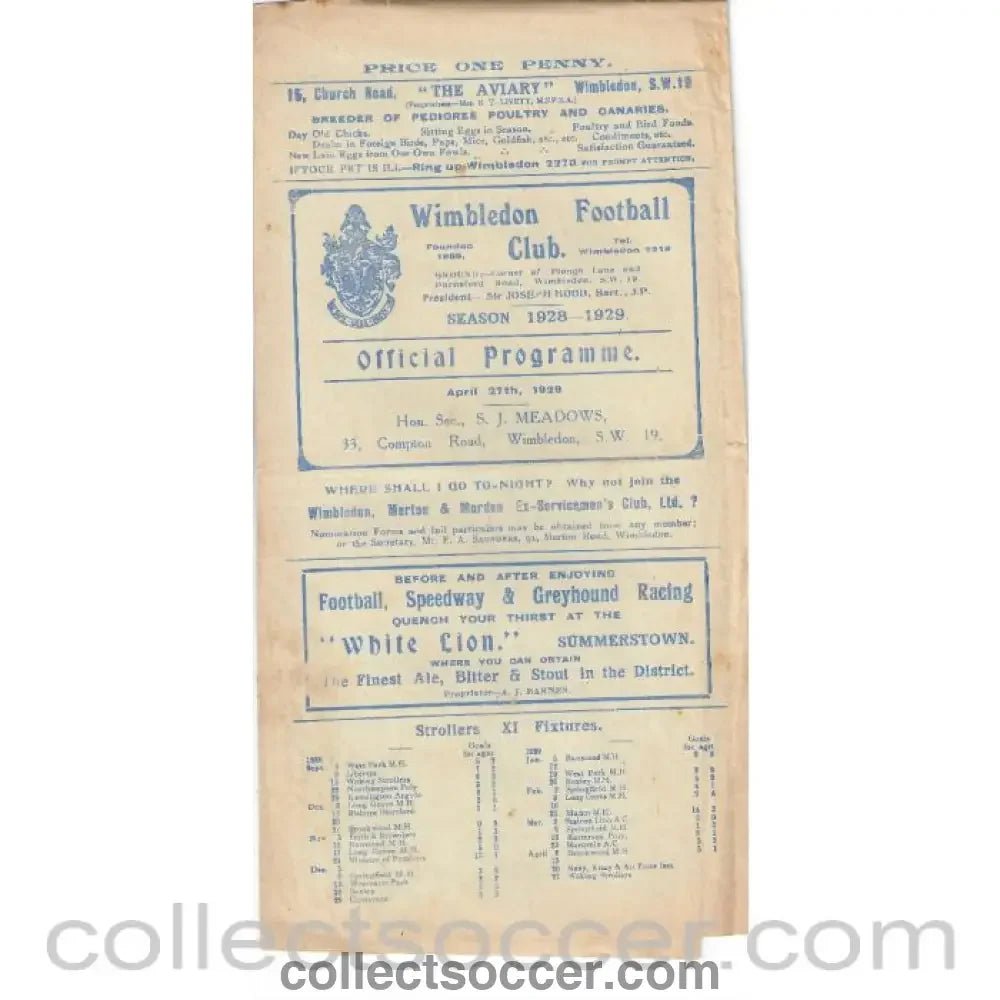 1929 - Wimbledon v Ilford 27/4/1929 Official Programme - Collect Soccer