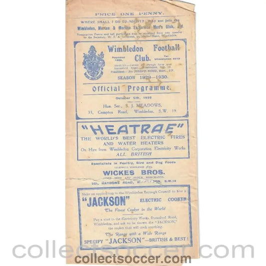 1929 - Wimbledon v West Norwood 5/10/1929 Official Programme - Collect Soccer