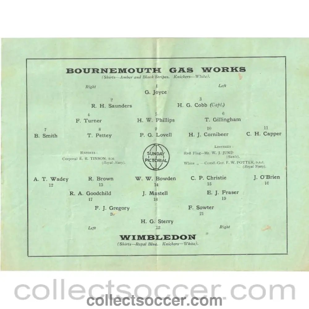 1930 - At Portsmouth Bournemouth Gas Works v Wimbledon FA Amateur Cup Semi Final Programme 8/3/1930 - Collect Soccer
