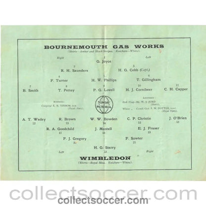 1930 - At Portsmouth Bournemouth Gas Works v Wimbledon FA Amateur Cup Semi Final Programme 8/3/1930 - Collect Soccer