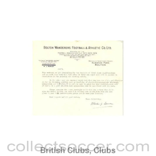1930 - Bolton Wanderers letter about recruiting two trainers probably of about 1930