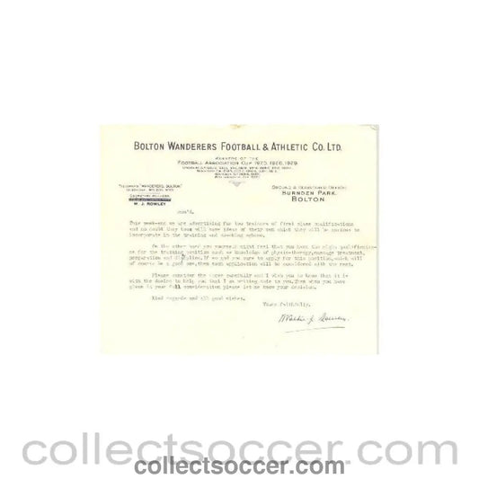 1930 - Bolton Wanderers letter about recruiting two trainers, probably of about 1930 - Collect Soccer