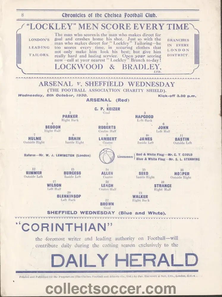 1930 Charity Shield At Stamford Bridge Arsenal v Sheffield Wednesday - Collect Soccer