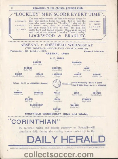 1930 Charity Shield At Stamford Bridge Arsenal v Sheffield Wednesday - Collect Soccer