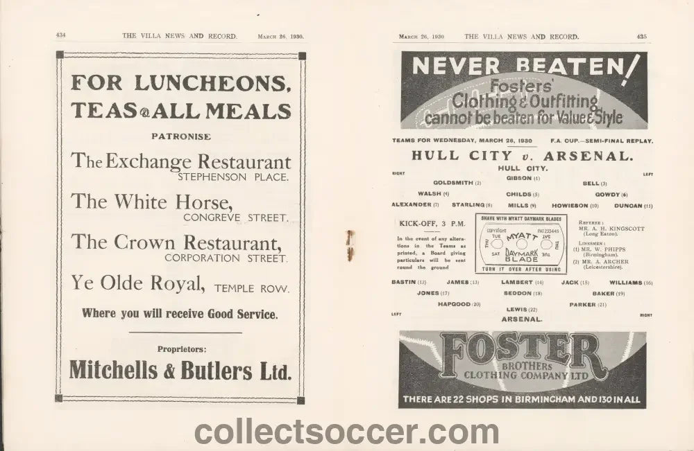 1930 Hull City v Arsenal FA Cup Semi - Final Replay Programme - Collect Soccer